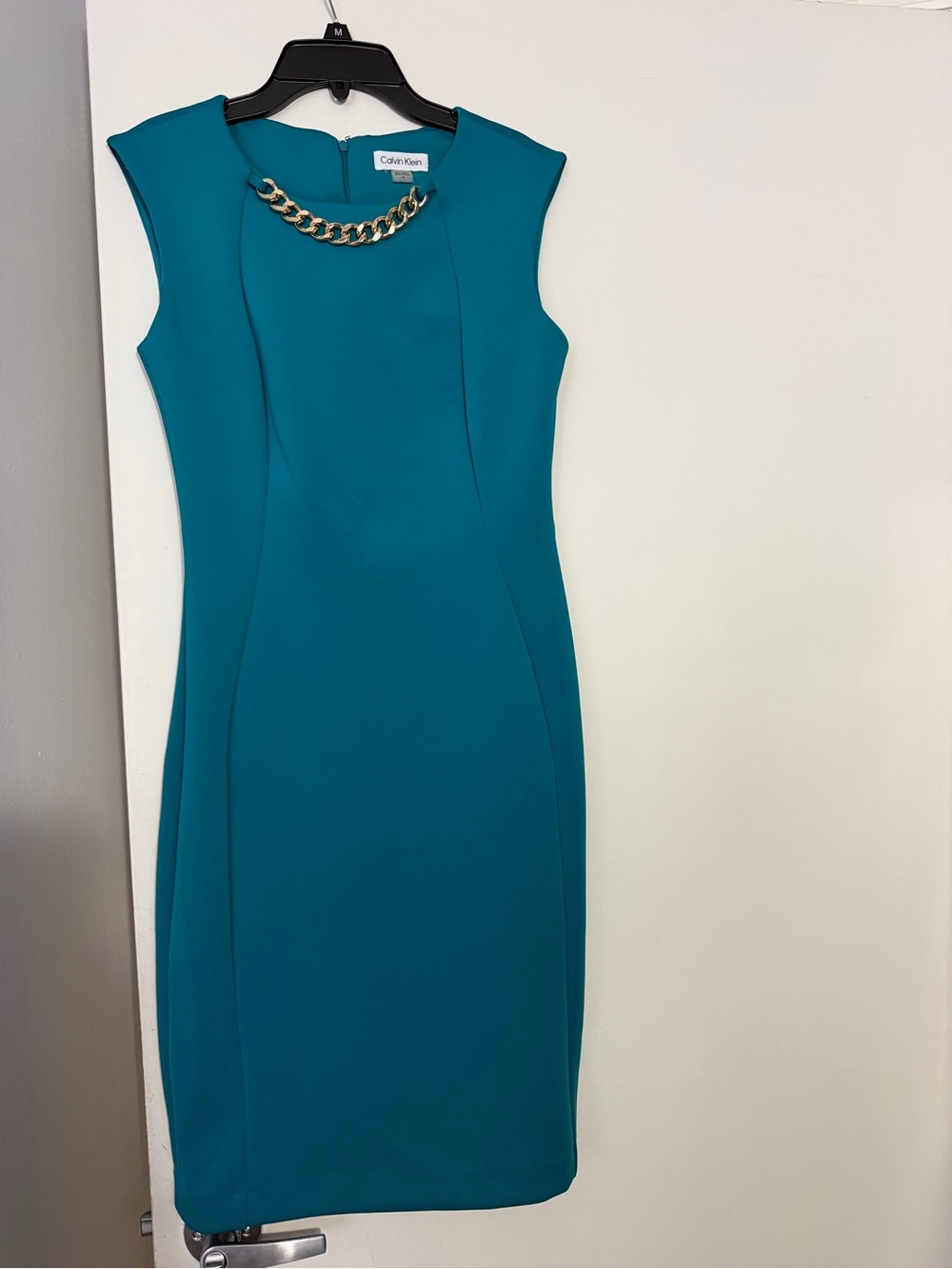 Calvin Klein Teal Sheath Dress with Gold Chain Detail
